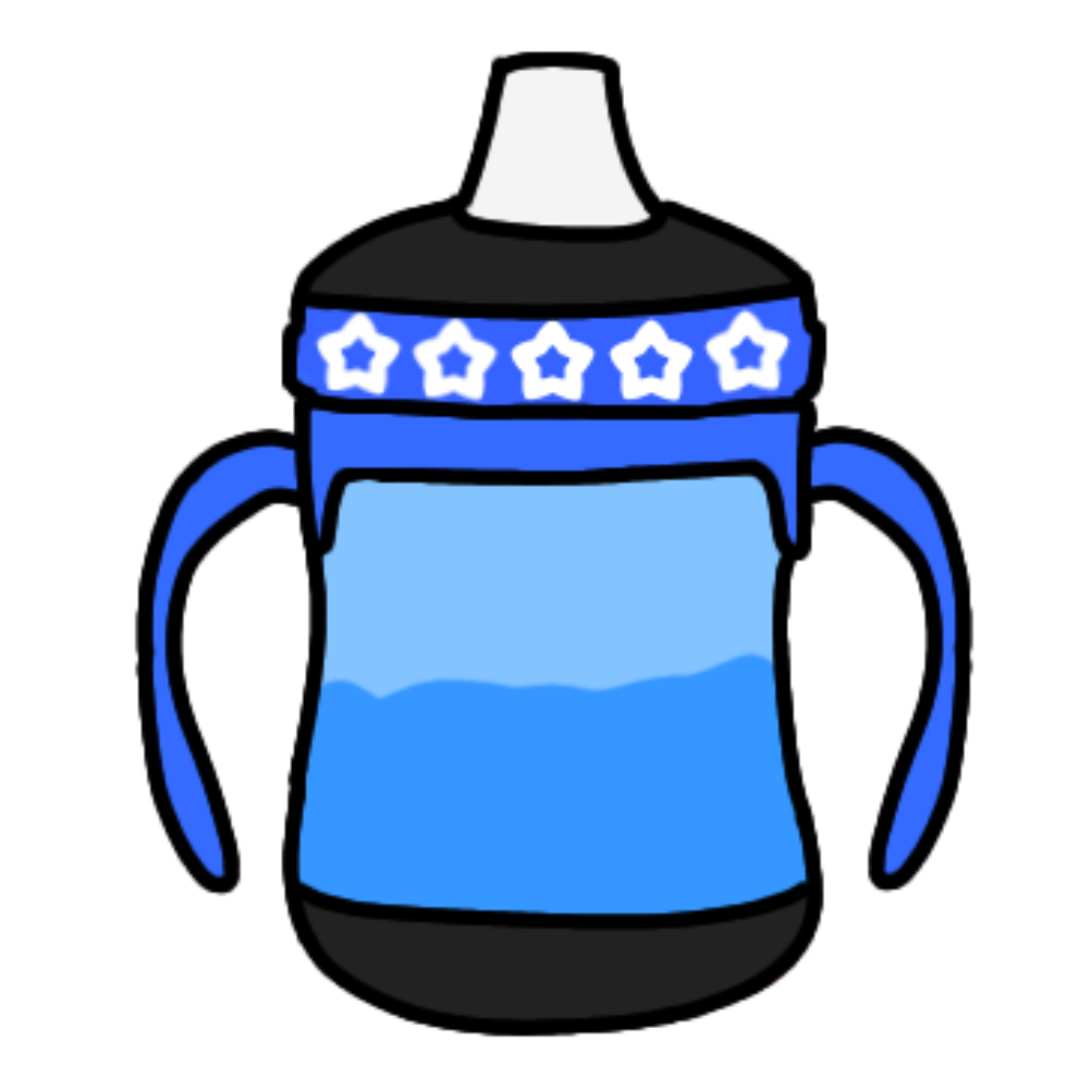  A drawing of a blue sippy cup with a white border. The sippy cup has a black lid with a blue stripe on the bottom with a star pattern, and blue handles.